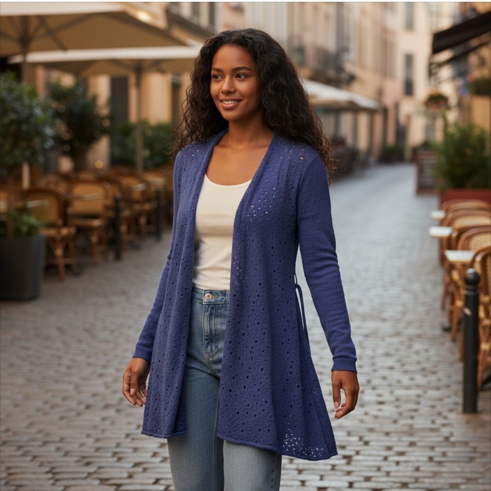 Eileen Fisher 100% Merino Wool Waterfall Cardigan Open Knit‎ Purple Blue SZ PM
